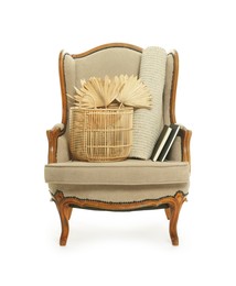 Photo of Soft armchair and other used stuff isolated on white