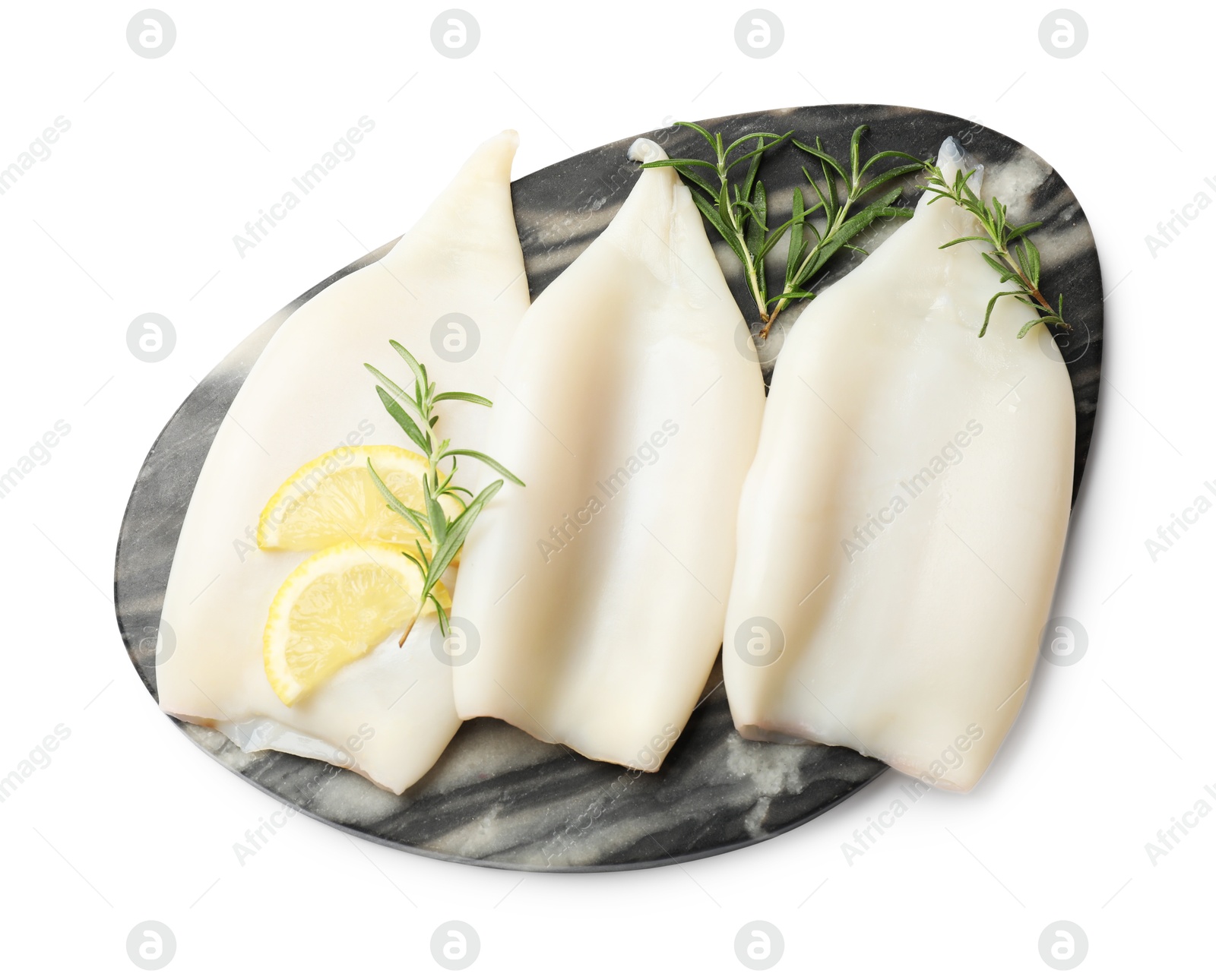 Uncooked squids with rosemary and lemon slices isolated on white, top view Photo of Uncooked squids with rosemary and lemon slices isolated on white, top view