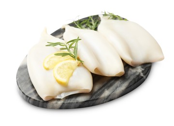 Photo of Uncooked squids with rosemary and lemon slices isolated on white