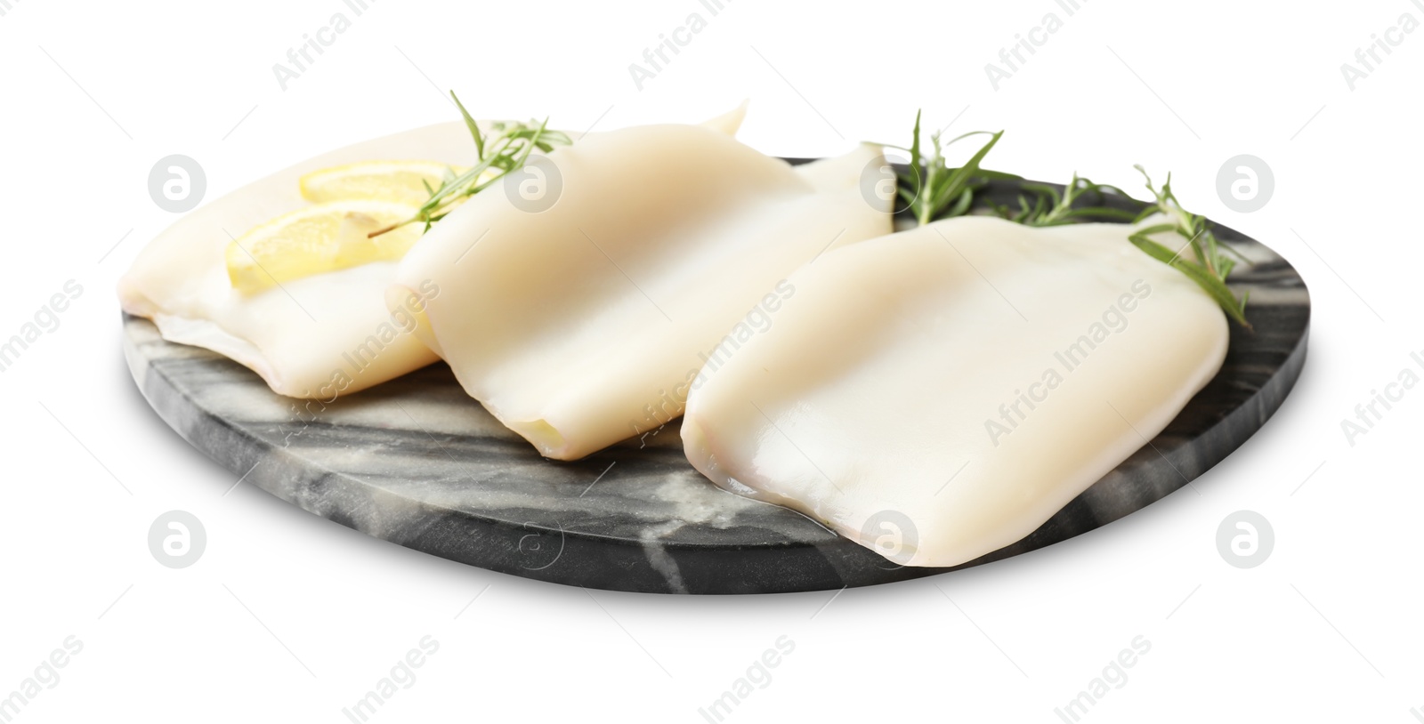 Uncooked squids with rosemary and lemon slices isolated on white Photo of Uncooked squids with rosemary and lemon slices isolated on white
