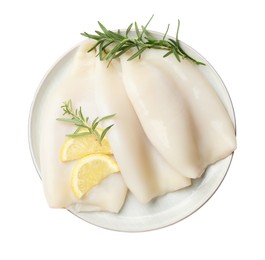 Photo of Uncooked squids with rosemary and lemon slices isolated on white, top view