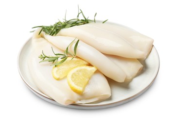 Photo of Uncooked squids with rosemary and lemon slices isolated on white