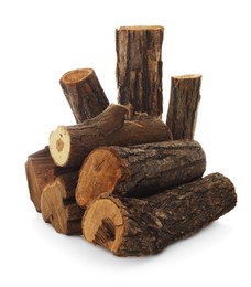 Photo of Pile of cut firewood isolated on white