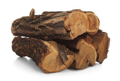Photo of Pile of cut firewood isolated on white