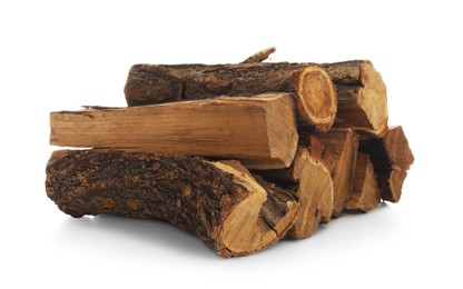 Photo of Pile of cut firewood isolated on white