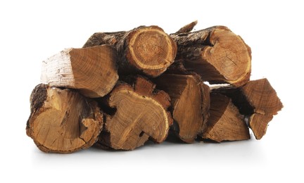 Photo of Pile of cut firewood isolated on white