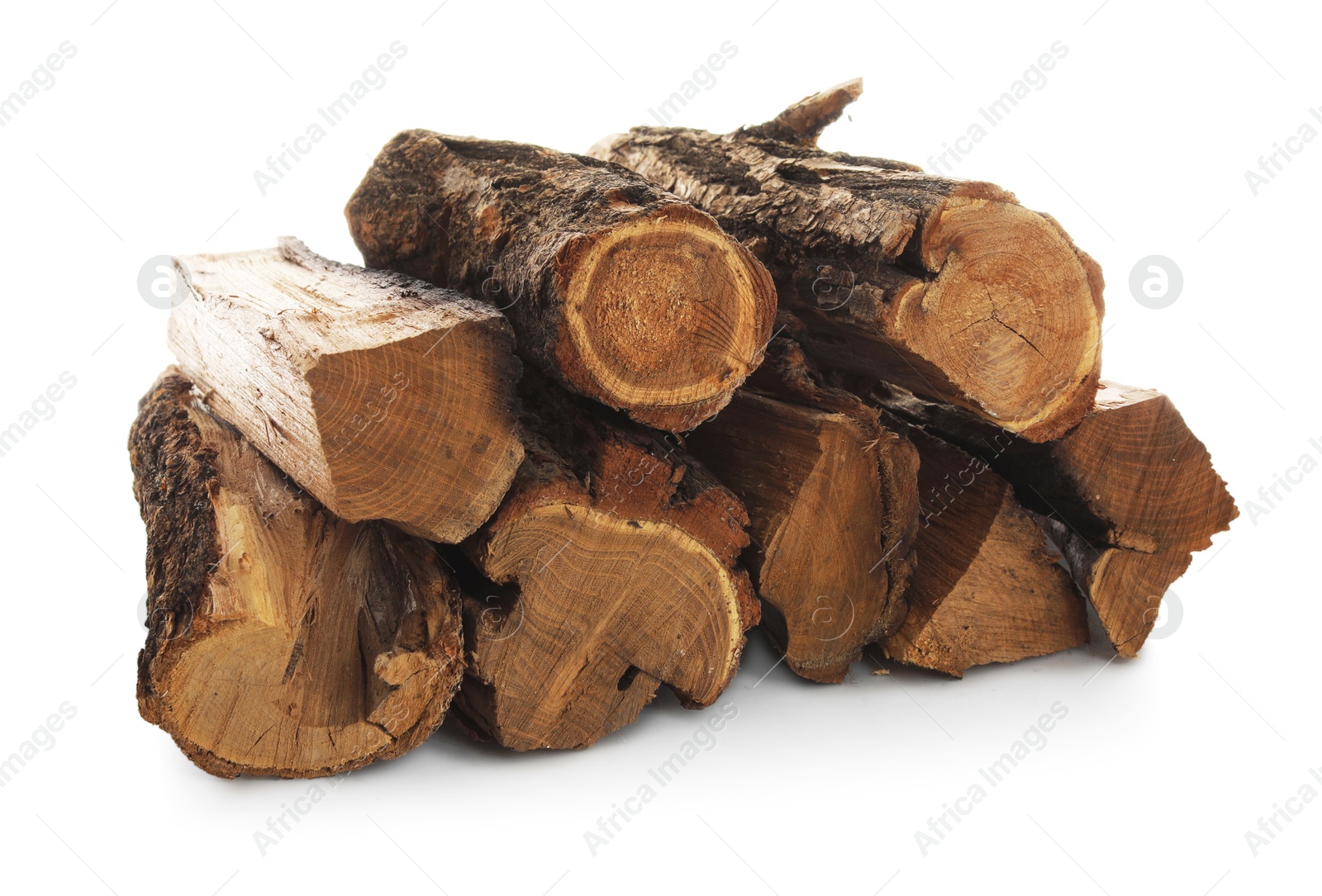 Photo of Pile of cut firewood isolated on white