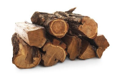 Photo of Pile of cut firewood isolated on white