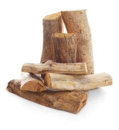 Photo of Pile of cut firewood isolated on white