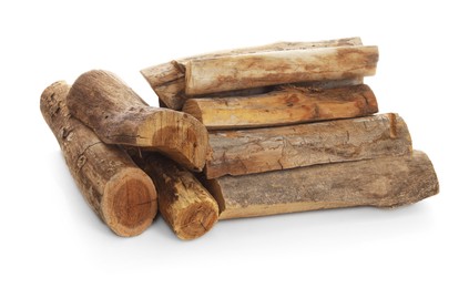 Photo of Pile of cut firewood isolated on white