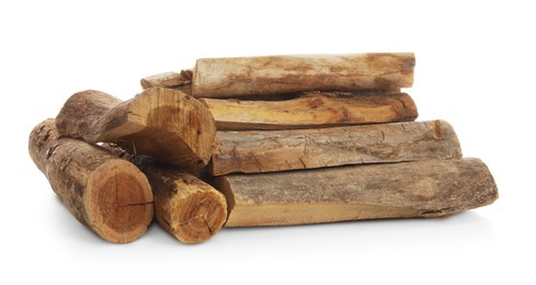 Photo of Pile of cut firewood isolated on white