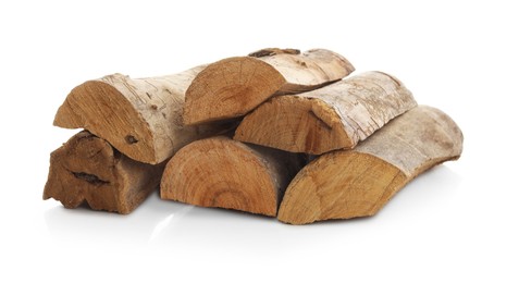 Photo of Pile of cut firewood isolated on white