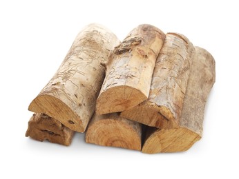 Photo of Pile of cut firewood isolated on white
