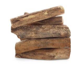 Photo of Pile of cut firewood isolated on white