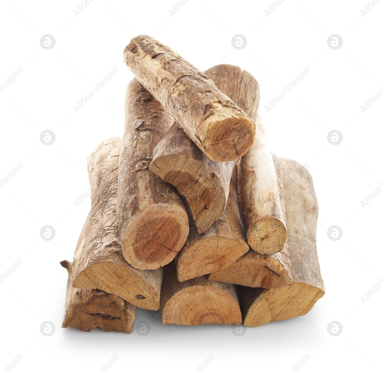 Photo of Pile of cut firewood isolated on white