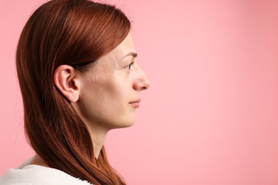 Photo of Sound. Woman on pink background, space for text