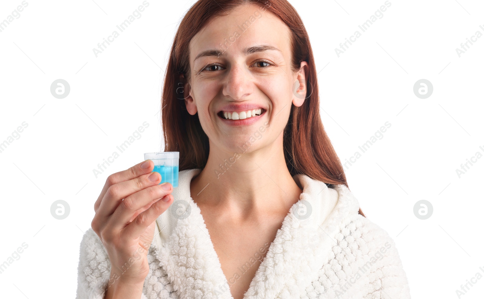 Photo of Woman rinsing mouth with mouthwash on white background