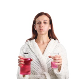 Photo of Woman rinsing mouth with mouthwash on white background
