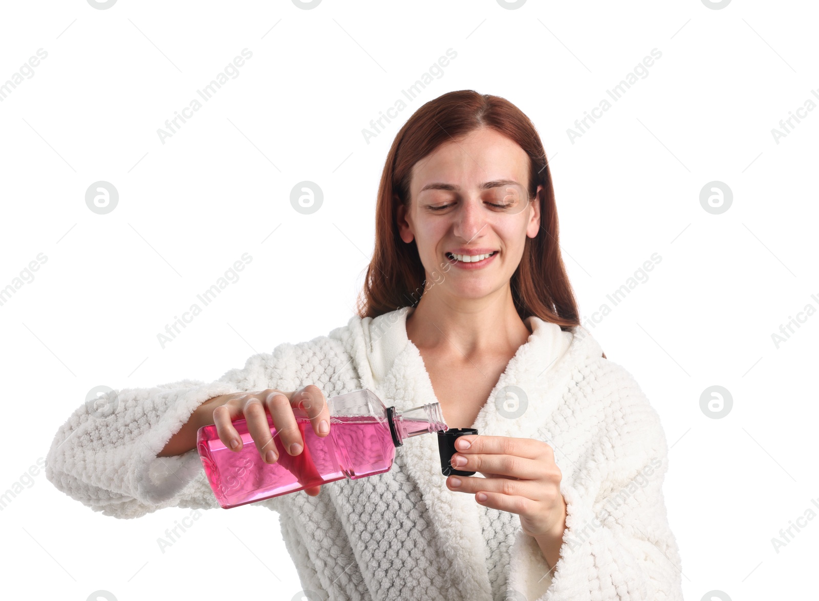 Photo of Woman rinsing mouth with mouthwash on white background