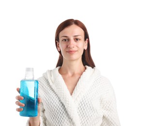 Photo of Woman rinsing mouth with mouthwash on white background