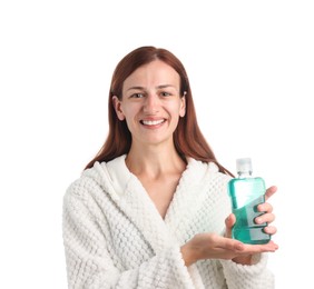 Photo of Woman rinsing mouth with mouthwash on white background