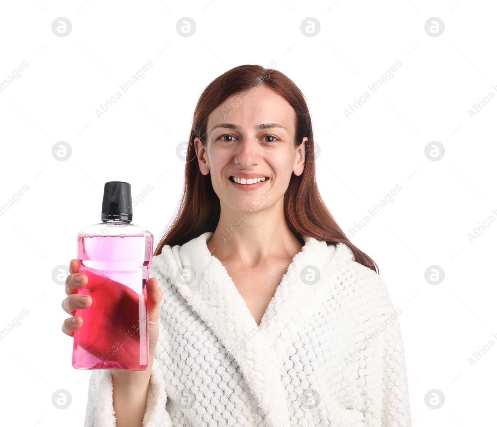 Photo of Woman rinsing mouth with mouthwash on white background