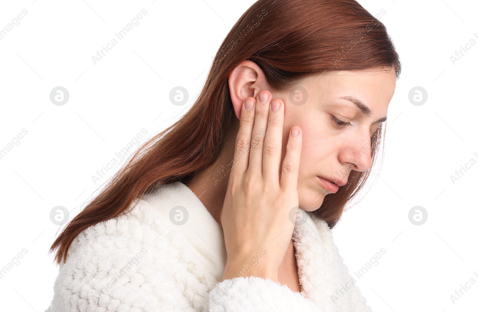 Photo of Sound. Woman touching her ear on white background