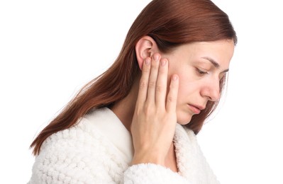 Photo of Sound. Woman touching her ear on white background