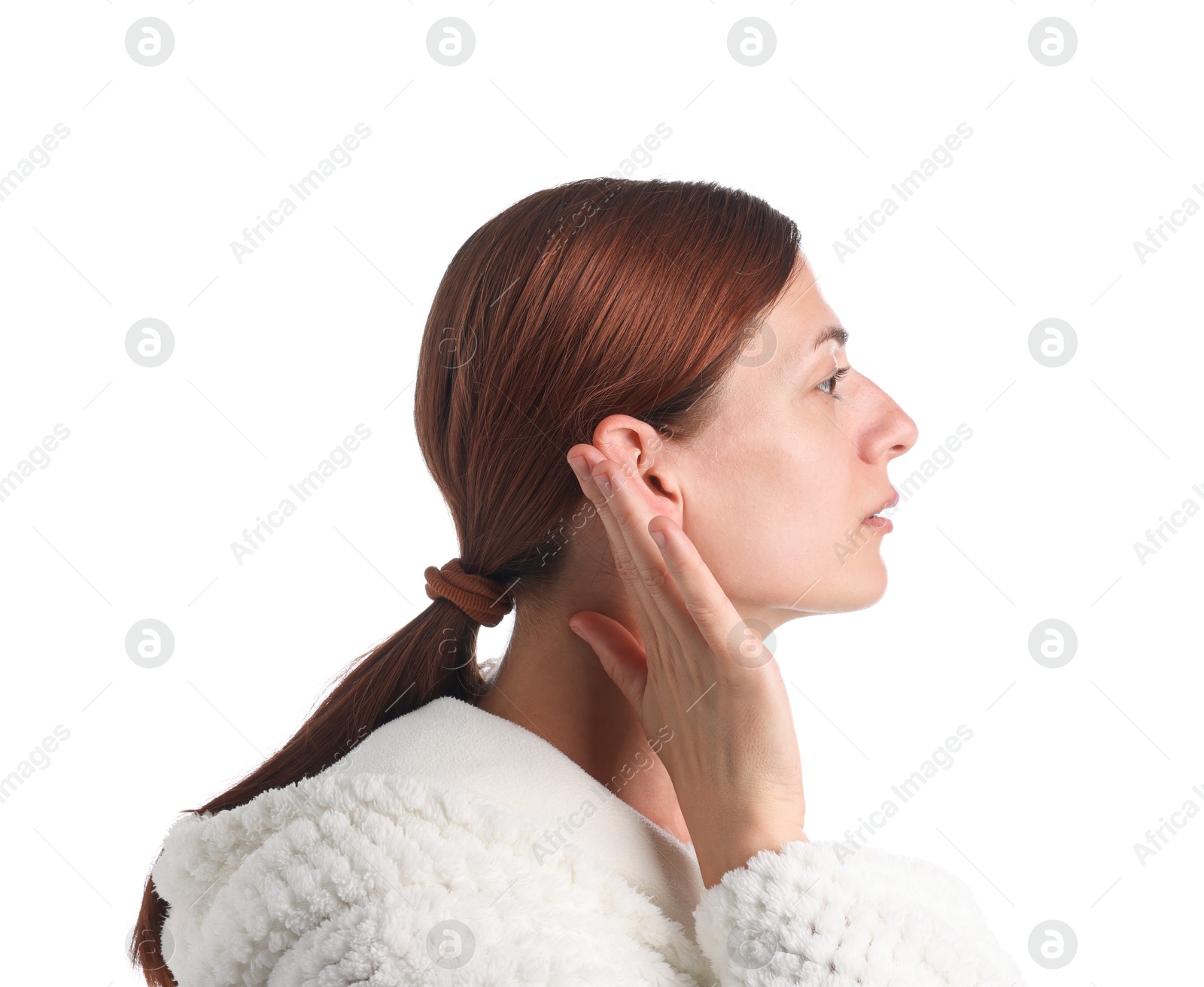 Photo of Sound. Woman showing hand to ear gesture on white background