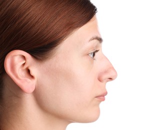 Photo of Sound. Woman on white background, closeup view