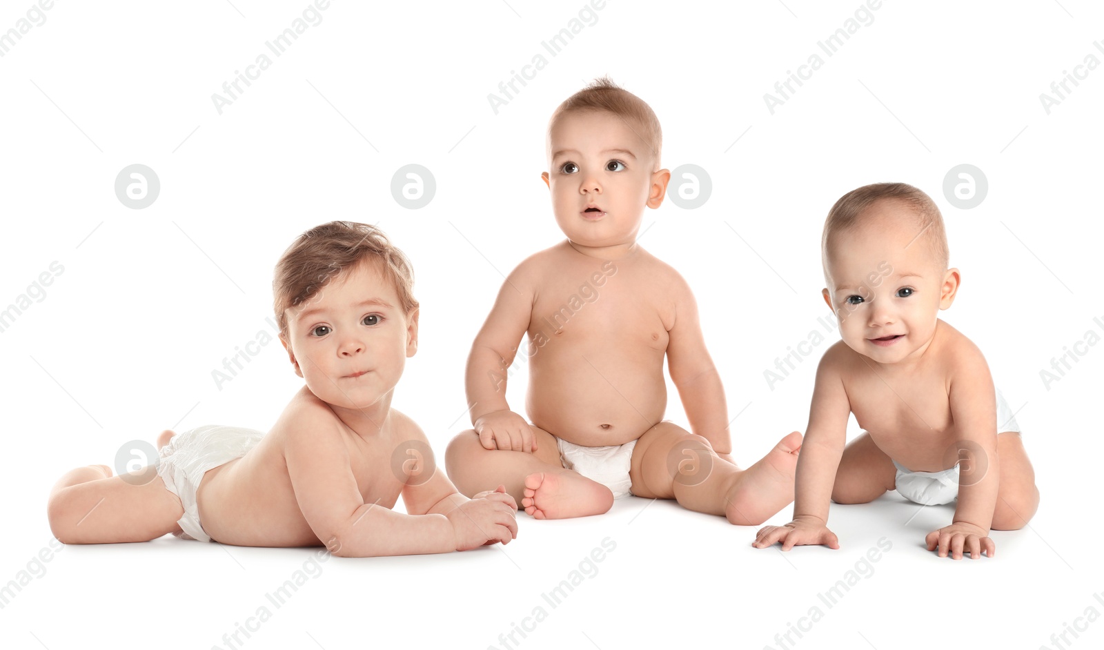 Image of Adorable babies in diapers on white background