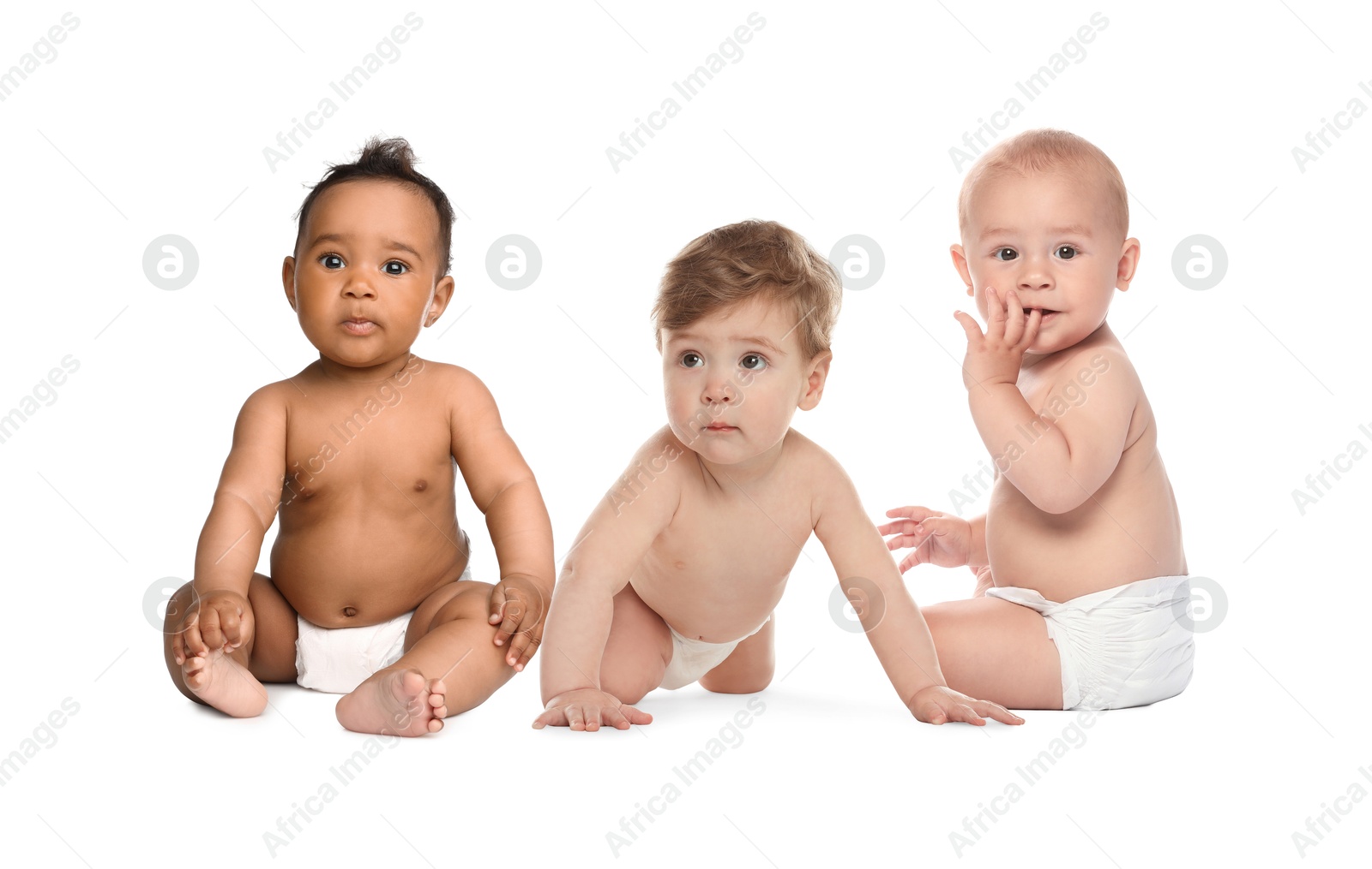 Image of Adorable babies in diapers on white background