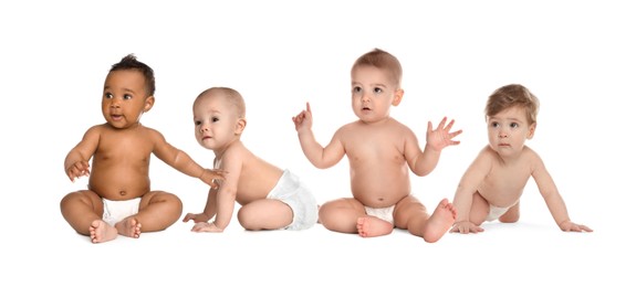 Image of Adorable babies in diapers on white background