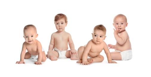 Image of Adorable babies in diapers on white background