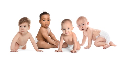 Image of Adorable babies in diapers on white background