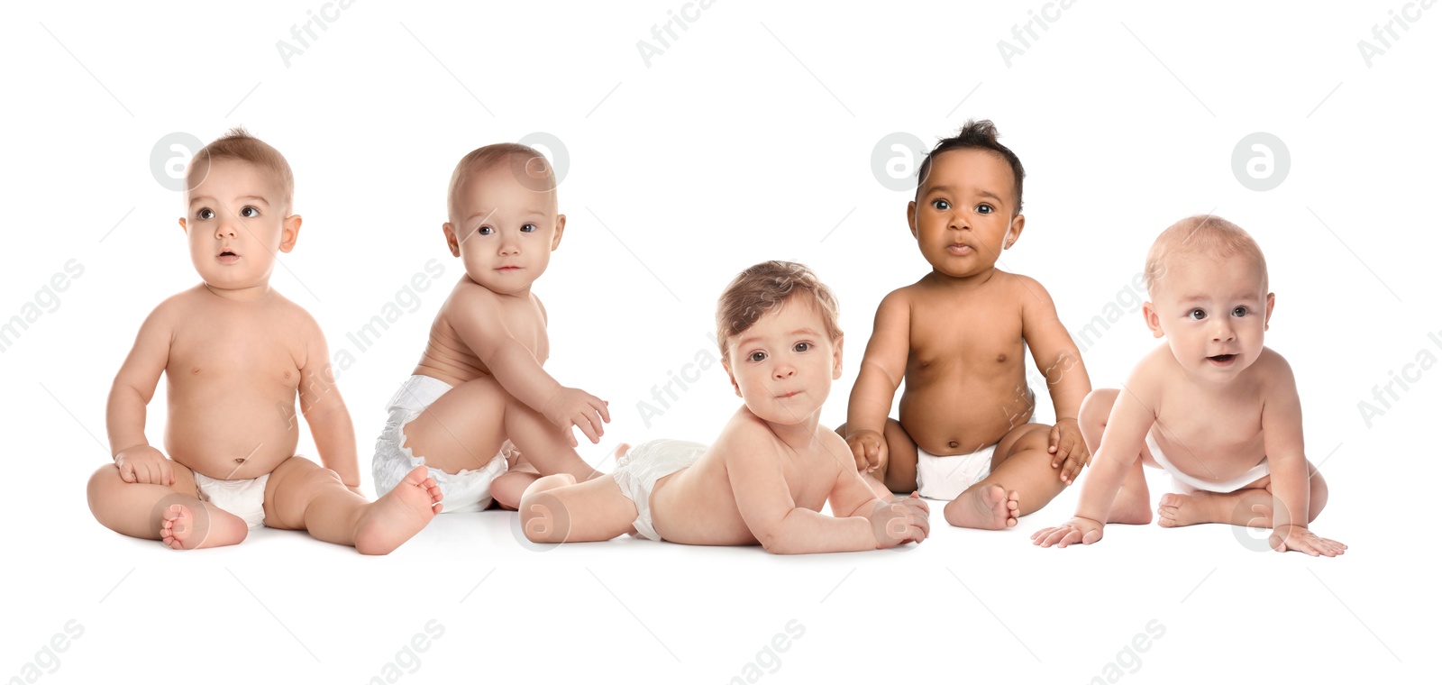 Image of Adorable babies in diapers on white background