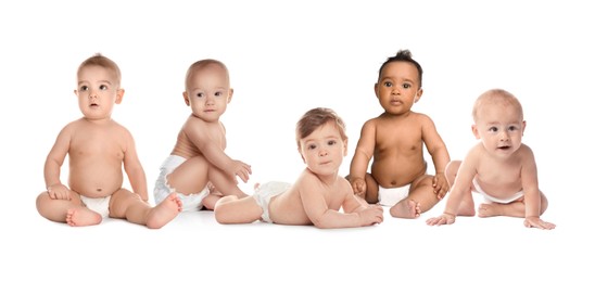 Image of Adorable babies in diapers on white background