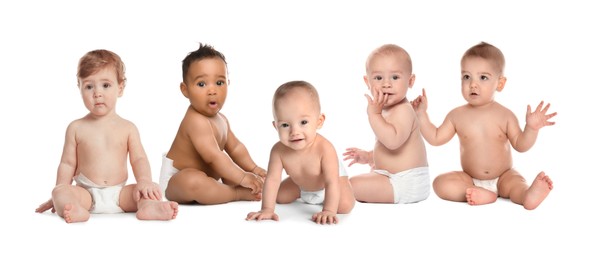 Image of Adorable babies in diapers on white background