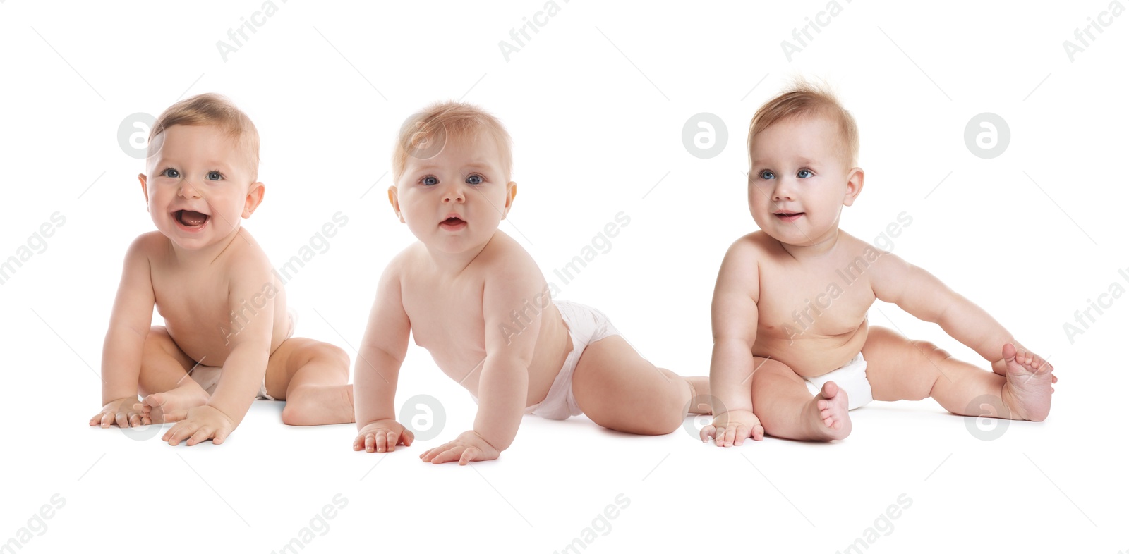 Image of Adorable babies in diapers on white background