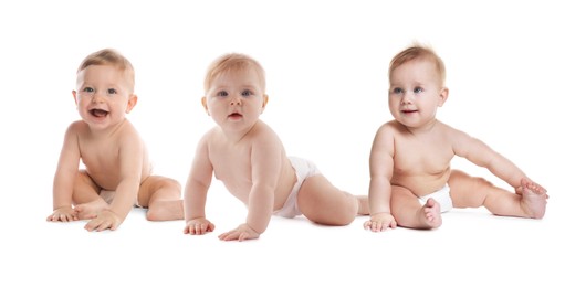 Image of Adorable babies in diapers on white background