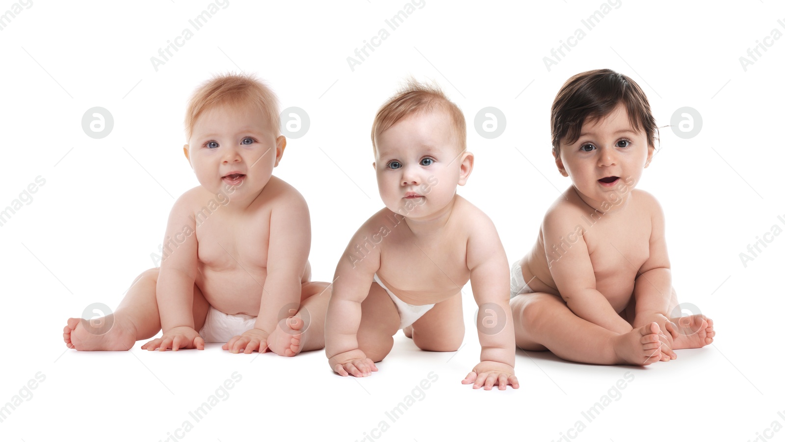 Image of Adorable babies in diapers on white background