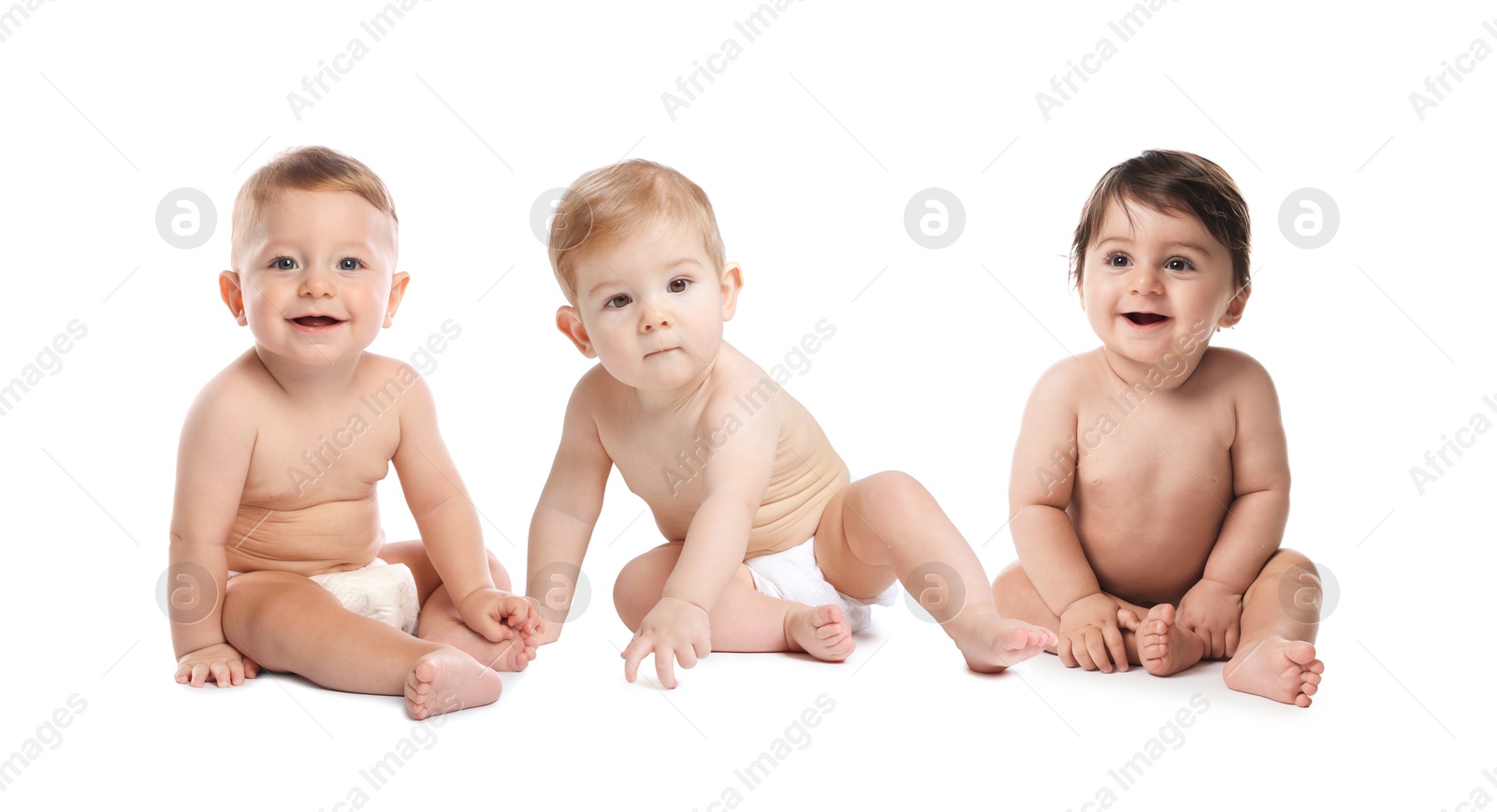 Image of Adorable babies in diapers on white background