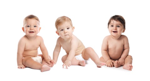 Image of Adorable babies in diapers on white background