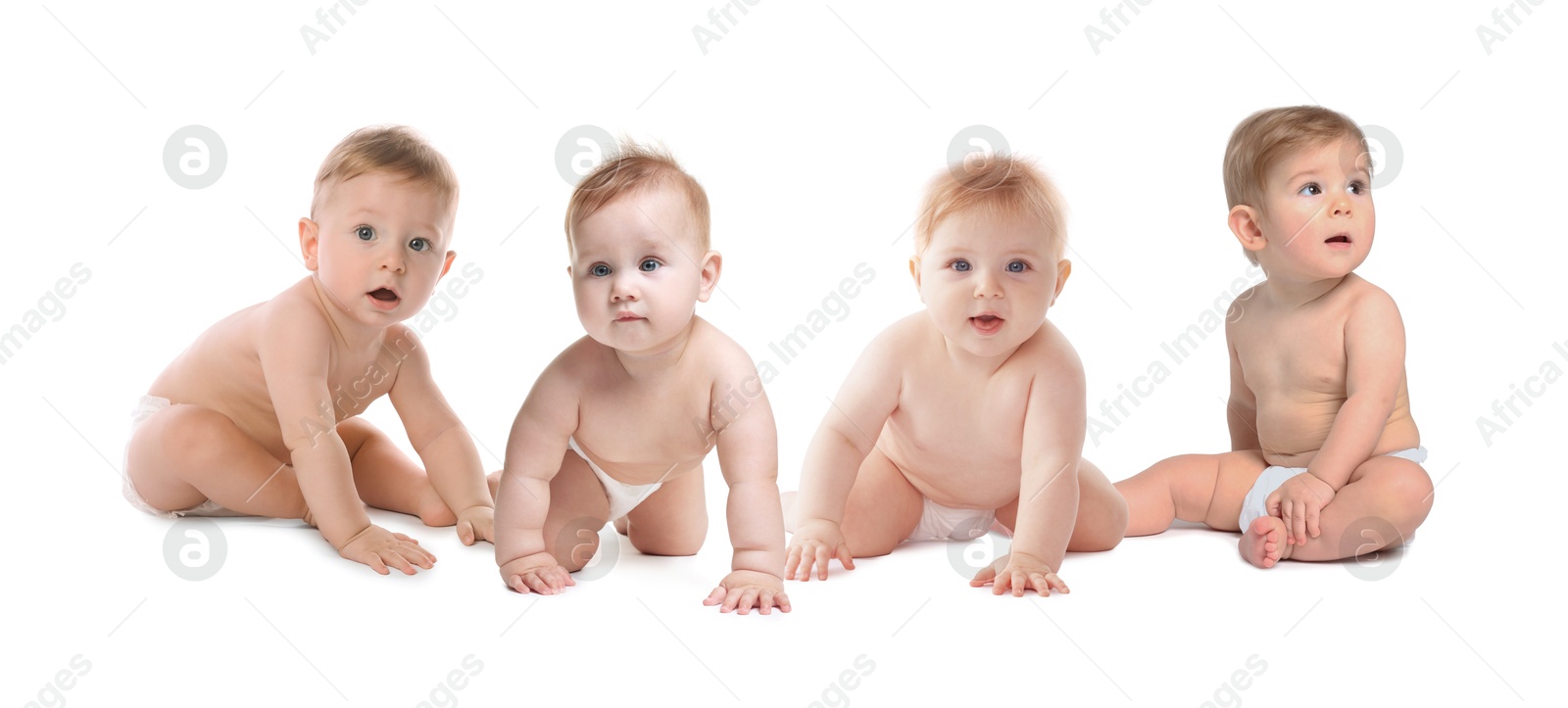 Image of Adorable babies in diapers on white background
