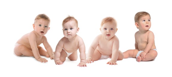Image of Adorable babies in diapers on white background