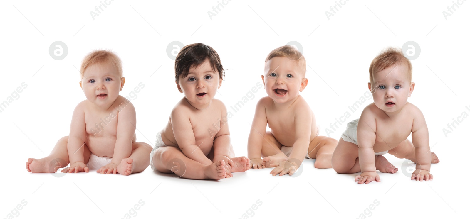 Image of Adorable babies in diapers on white background