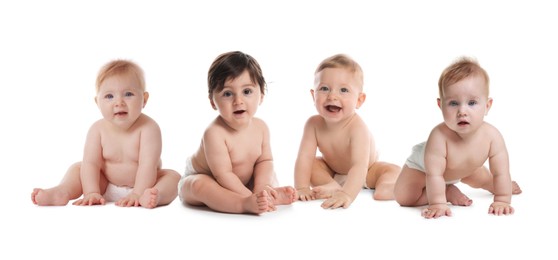Image of Adorable babies in diapers on white background