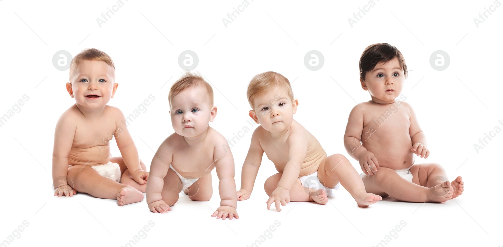 Image of Adorable babies in diapers on white background