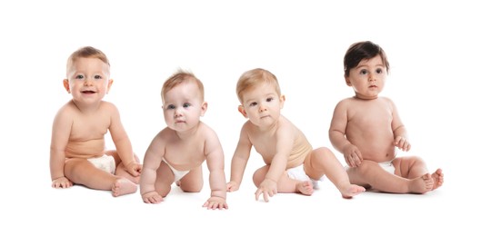 Image of Adorable babies in diapers on white background