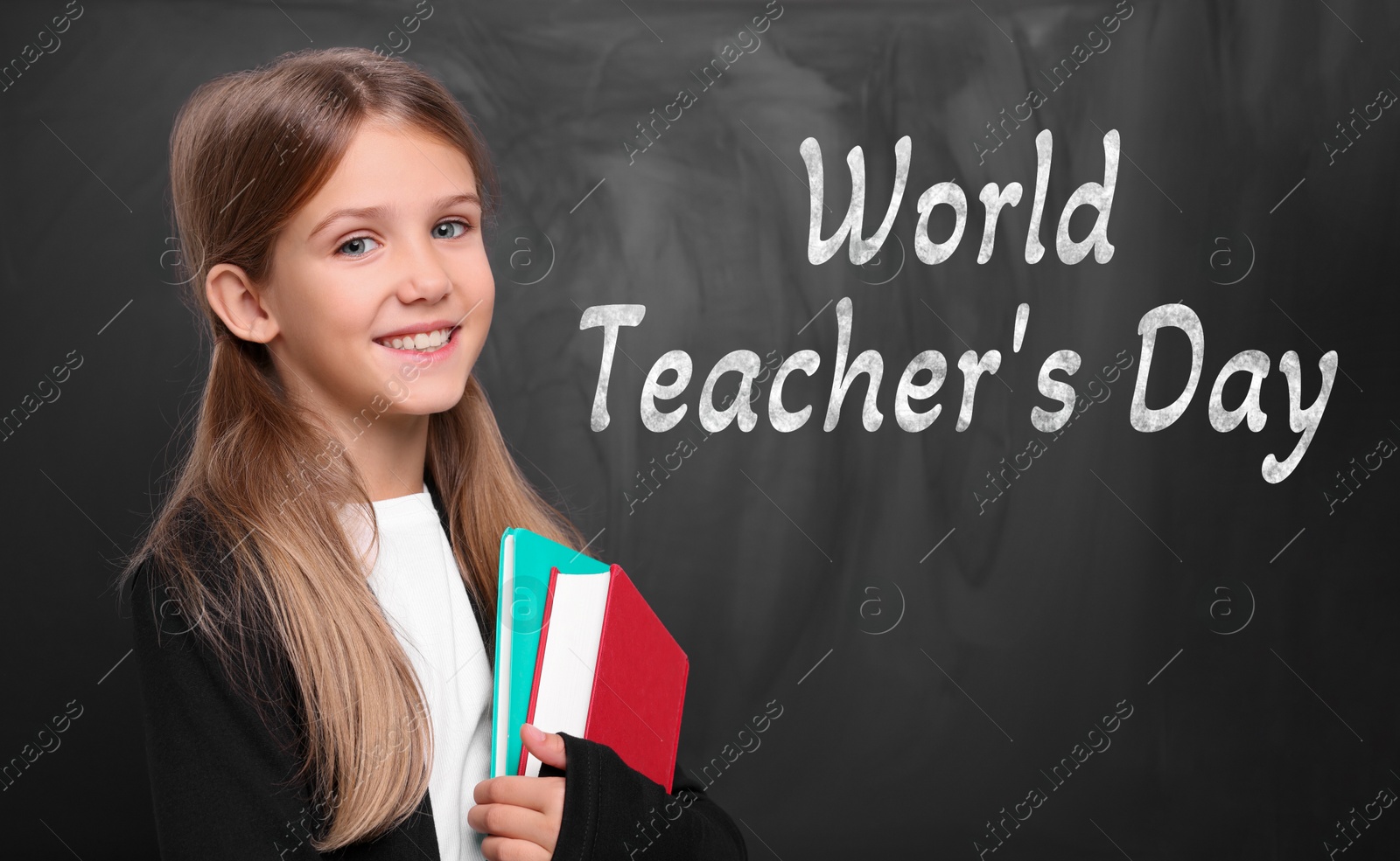 Image of Happy Teacher's Day. Cute little girl near blackboard